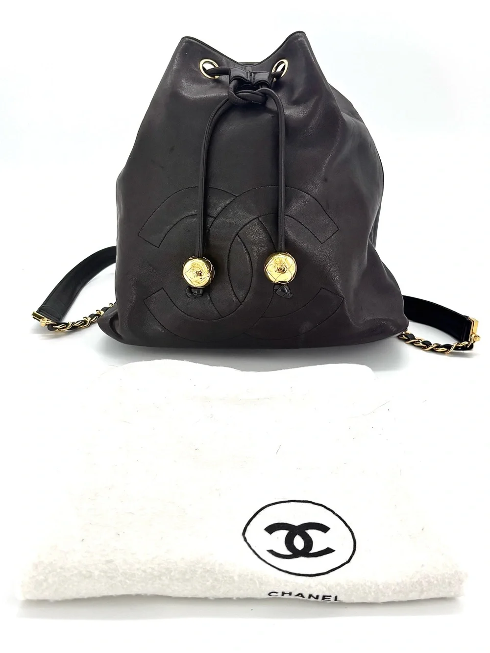 Chanel Vintage Black Lambskin Timeless CC Drawstring Backpack Gold Hardware